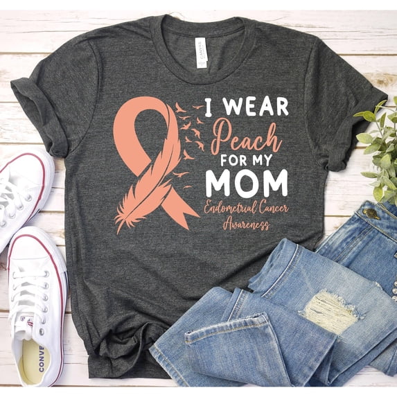 Peach Ribbon, Feather and Birds Endometrial Cancer Awareness Graphic T-Shirt, Unisex Classic Fit, 180 GSM, Front Print