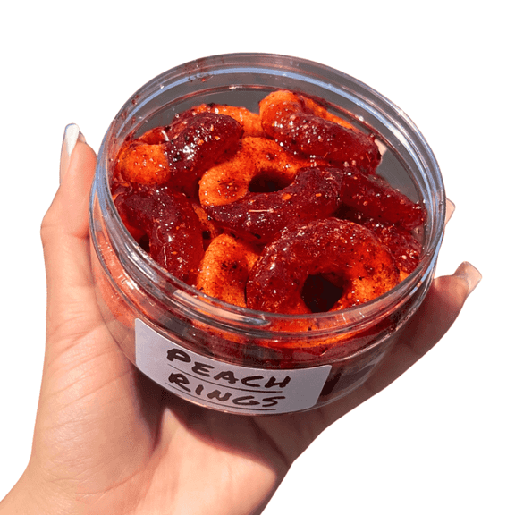 Chilitos Peach Rings Chamoy Candy, Infused with Tamarindo Chamoy and Chili Coated Mexican Candy, 8 oz Jar