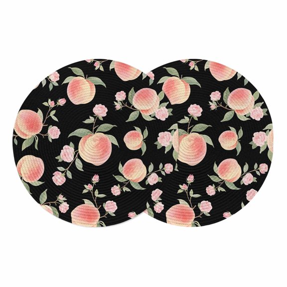 Peach Round 13 Inch Placemats Set of 2, Spring Floral Green Leaf Botanical Pink Fruit Black HeatResistant Non Slip Place Mats for Dining Table, Wipeable Braided Kitchen Table Mats for Housewarming