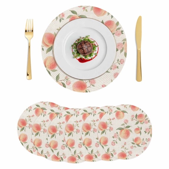 Peach Round 15 Inch Placemats Set of 6, Spring Floral Green Leaf Botanical Pink Fruit Rustic HeatResistant Non Slip Place Mats for Dining Table, Wipeable Braided Kitchen Table Mats for Housewarming