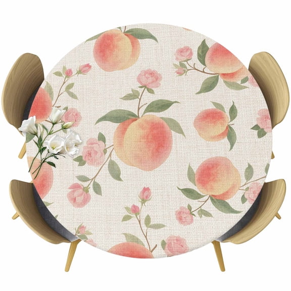 Peach Round Tablecloth 36-44 Inch Round Fitted Table Cloth with Elastic Edge, Spring Floral Green Leaf Botanical Pink Fruit Rustic Waterproof Table Cover Protector for Outdoor Picnic Party Dining