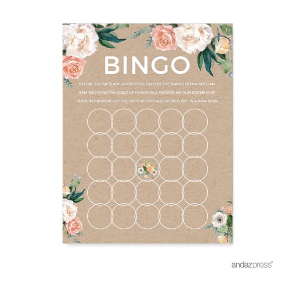 Koyal Wholesale Peach Kraft Paper Baby Shower Bingo Game Cards, Rustic Floral, 20-Pack