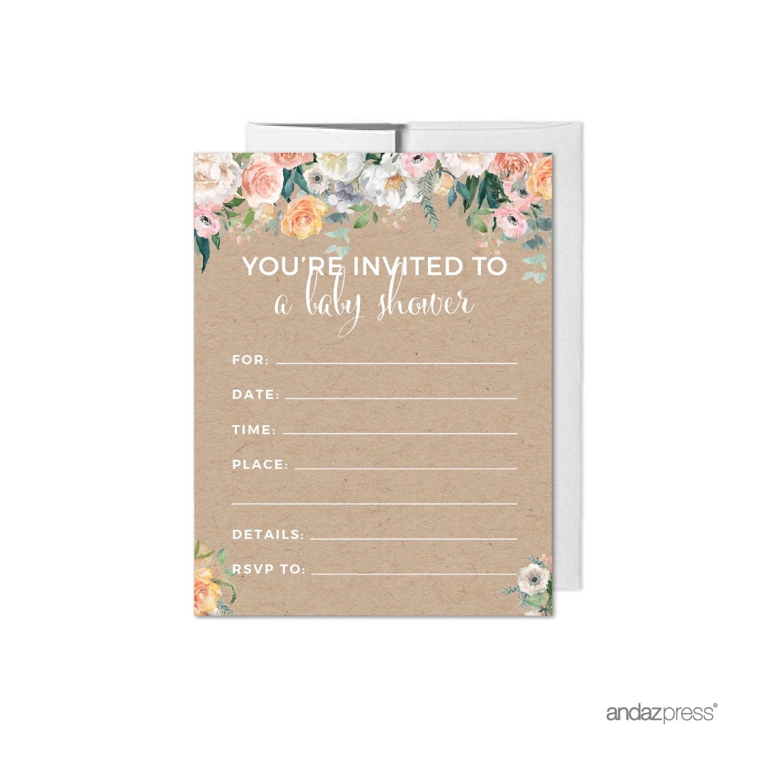 Peach Rustic Floral Garden Party, Blank Invitations with Envelopes,  20-Pack, Games - Walmart.com, image size:1100x1100