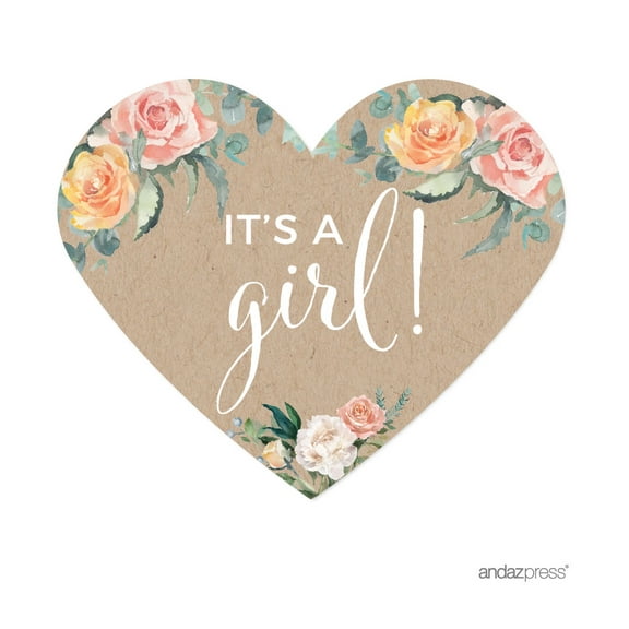 Peach Rustic Floral Garden Party, Heart Label Stickers, It's a Girl! 75-Pack