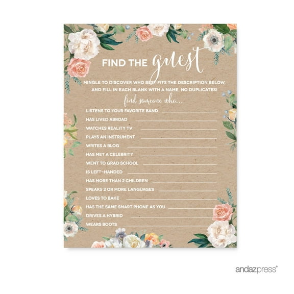 Peach Rustic Floral Garden Party, Name the Guest Who Game Cards, 20-Pack, Games