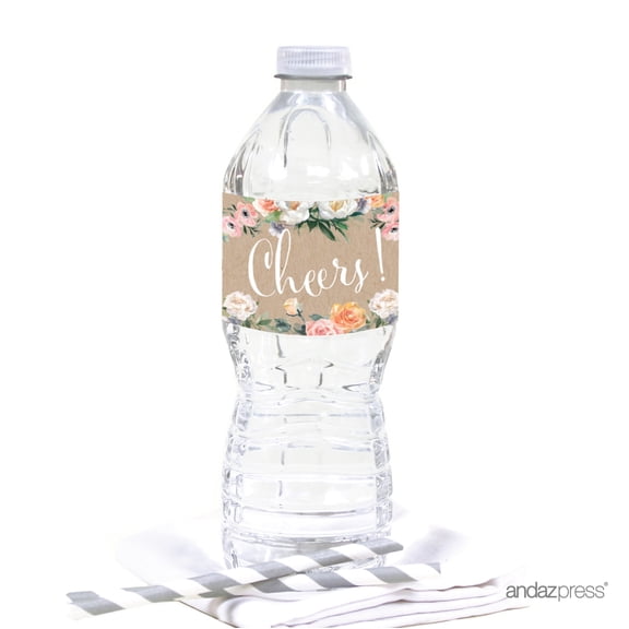 Peach Rustic Floral Garden Party, Water Bottle Labels, 20-Pack