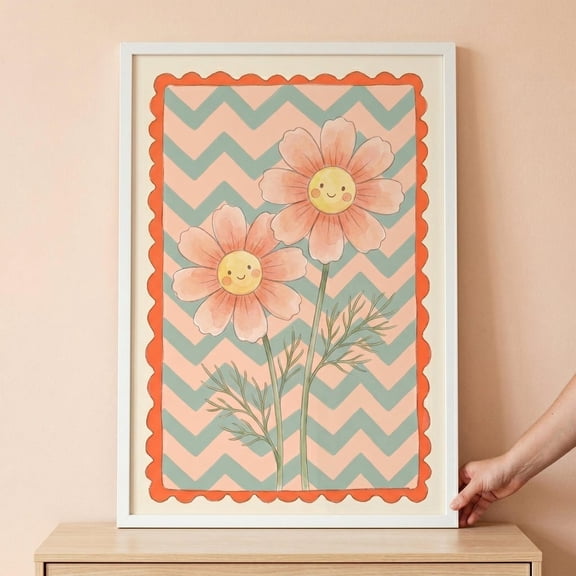 Peach Sage Daisy Smiling Floral Wall Decor Unframed Paper Print
