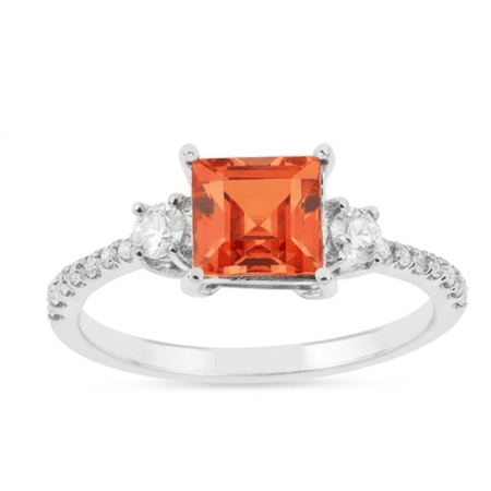 Fine Color Jewels Lab Grown Padparadscha Sapphire Three Stone Ring, 925 Sterling Silver 1.83 Ct, Moissanite Accent, September Birthstone for Women