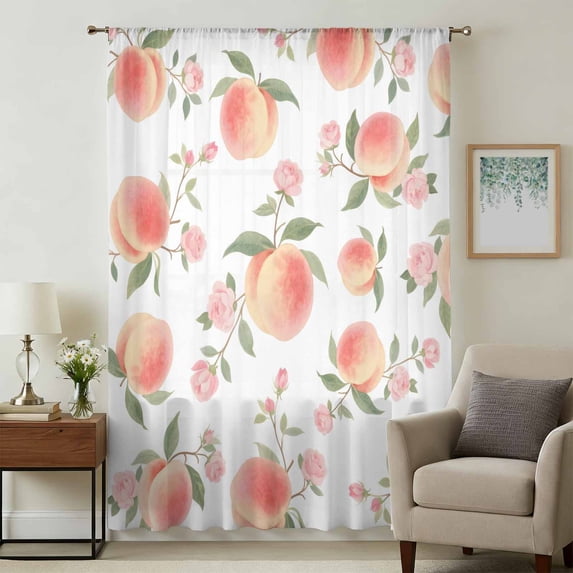 Peach Sheer Curtains 54 Inches Long, Spring Floral Green Leaf Botanical Pink Fruit Light Filering Curtains, Breathable Simi Curtain Privacy Drapes for Kitchen Bathroom Nursery Small Window Treatment