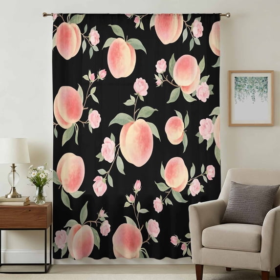 Peach Sheer Curtains 54" Long, Spring Floral Green Leaf Botanical Pink Fruit Black Light Filering Curtains, Breathable Simi Curtain Privacy Drapes for Kitchen Bathroom Nursery Small Window Treatment