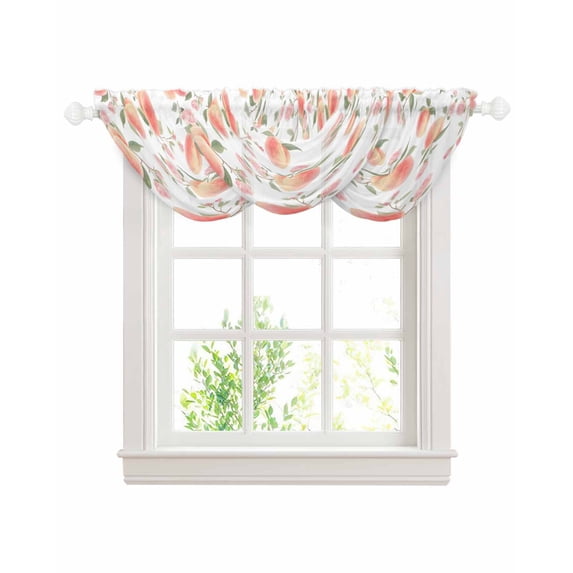 Peach Sheer Waterfall Valance Curtains for Window, Spring Floral Green Leaf Botanical Pink Fruit Rod Pocket Sheer Topper Swag Curtains for Living Room, Kitchen 38.5"W x 47.2"L, 3 Panels