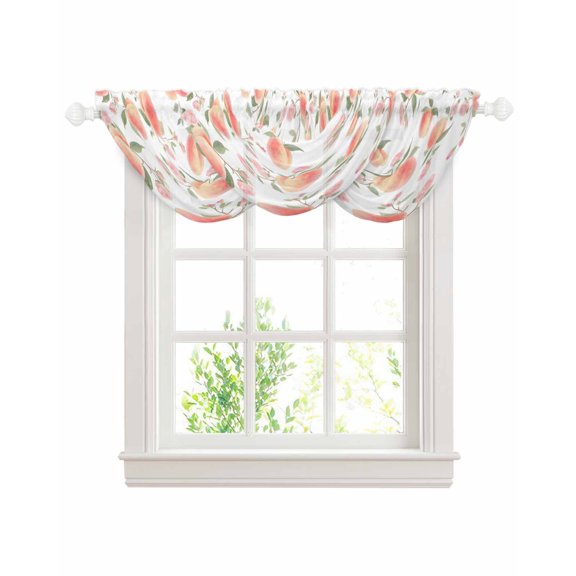 Peach Sheer Waterfall Valance Curtains for Window, Spring Floral Green Leaf Botanical Pink Fruit Rod Pocket Sheer Topper Swag Curtains for Living Room, Kitchen 38.5"W x 47.2"L, 3 Panels