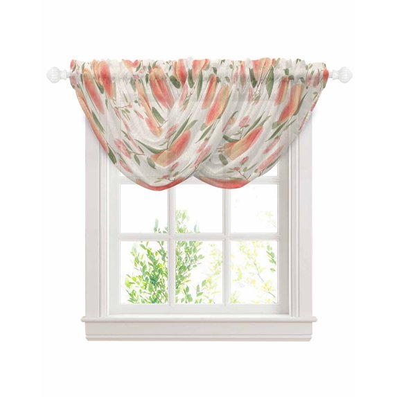 Peach Sheer Waterfall Valance Curtains for Window, Spring Floral Green Leaf Botanical Pink Fruit Rustic Rod Pocket Sheer Topper Swag Curtains for Living Room, Kitchen 38.5"W x 47.2"L, 2 Panels