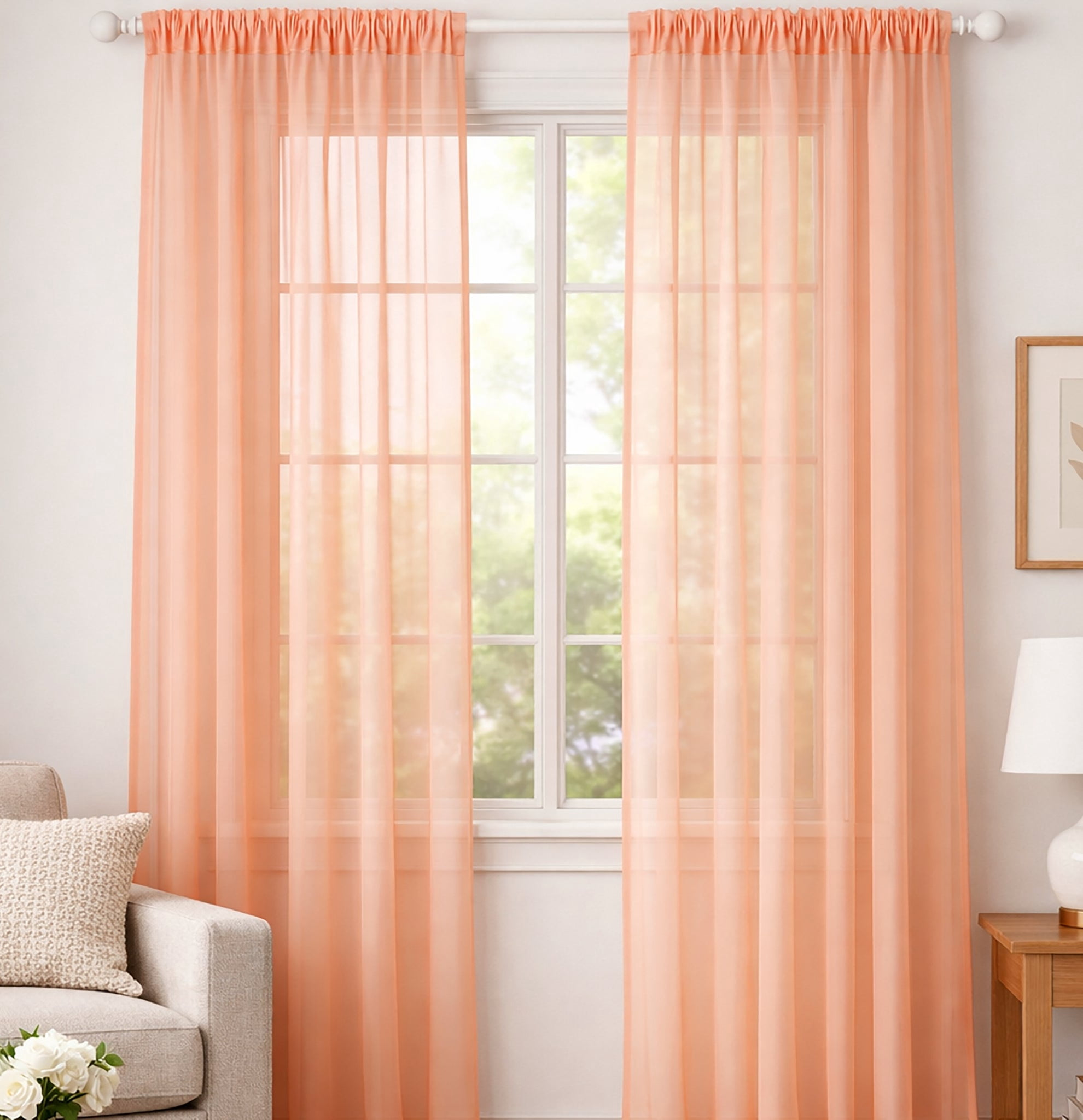 Peach Sheer Window Rod Pocket Curtain Set - 90
