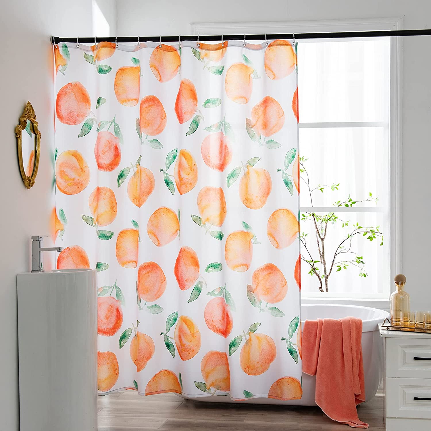 Peach Shower Curtain, Allover Fruits Shower Curtain Waterproof Fabric