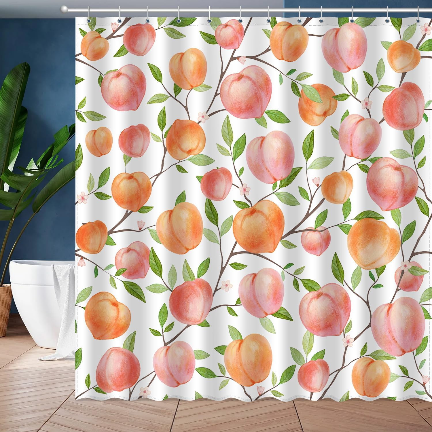Peach Shower Curtain, Cute Fruits Pink Watercolor Floral Bathroom Decor ...