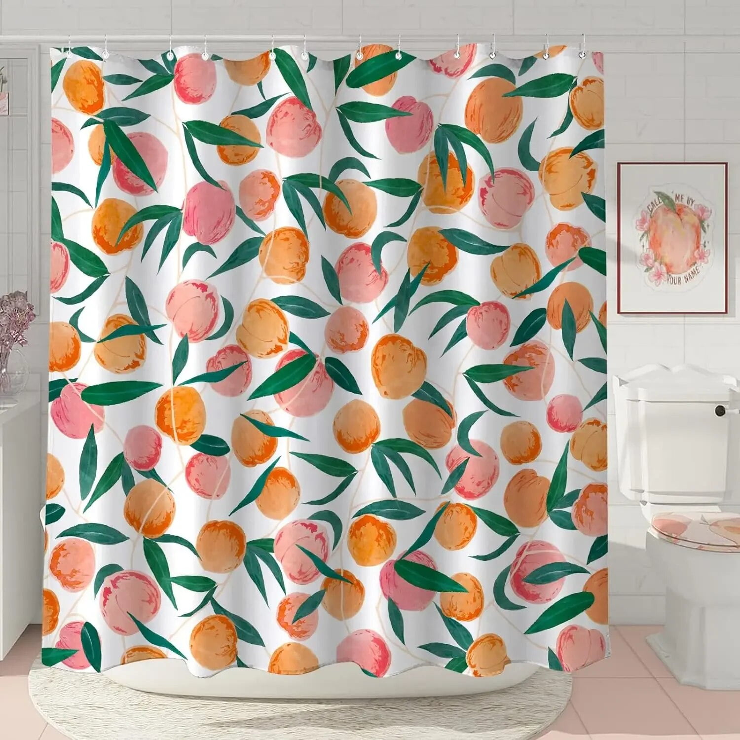 Peach Shower Curtain Fruit Pattern Pink Strawberry Cherry Watercolour