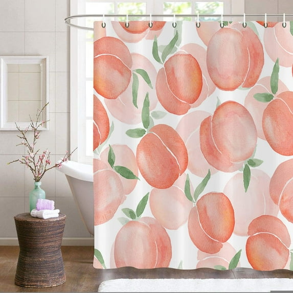 Peach Shower Curtain, Pink Summer Fruits Peach Ombre with Leaf Printed Cute Bathroom Curtain for Kid''s Bathtub Decor Waterproof Fabric Machine Washable with 12 Hooks