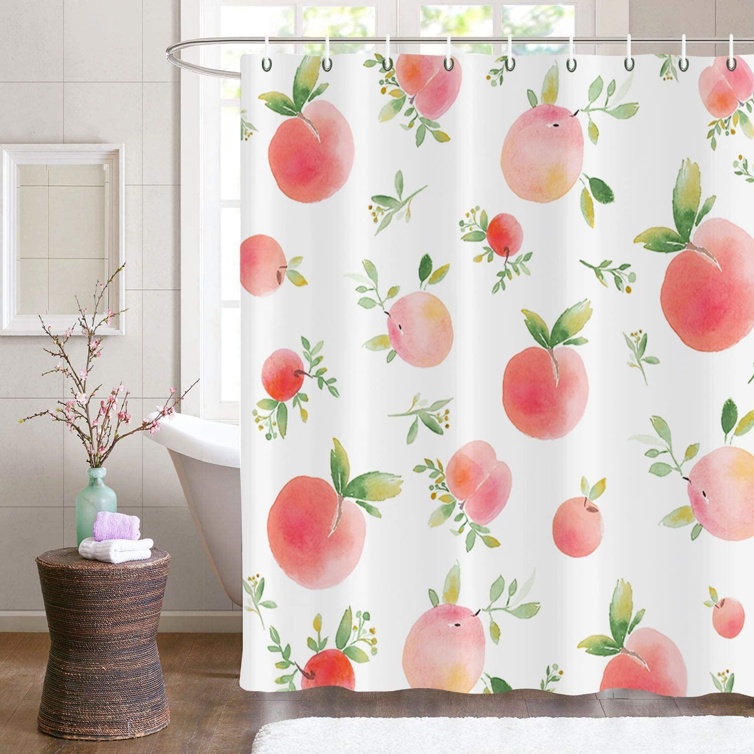 Peach Shower Curtain, Summer Fruits Pink Peach with Leaf Printed Cute