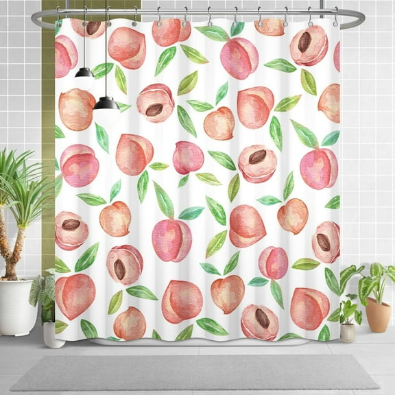 Peach Shower Curtain, Watercolor Fruits Shower Curtain for Bathroom Waterproof Fabric Green and Pink Shower Curtain Set with Hooks 48"W x 72"L (Pack of 1)