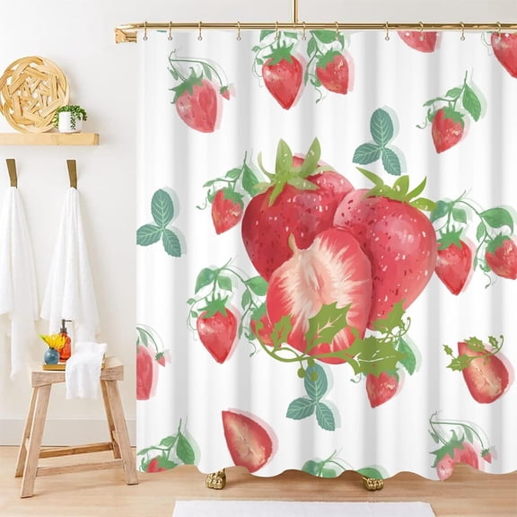 Peach Shower Curtain, Watercolor Fruits Shower Curtain for Bathroom Waterproof Fabric Green and Pink Shower Curtain Set with Hooks, 72x72 Inch