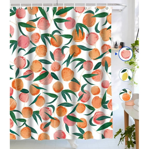 Peach Shower Curtains, Allover Fruits Shower Curtain Cute Bright Colorful Design Waterproof Fabric Bathroom Shower Curtain Set with 12 Hooks, Peachy Pink 72"×72"