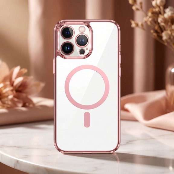 Magnetic Clear Shield iPhone 15 Pro Max Case - Pink Edge MagSafe Shockproof Cover with Camera Lens Protection