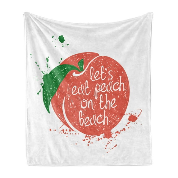 Peach Soft Flannel Fleece Blanket, Soft Fruit Design with Stem and Leaf Lets Eat Peach on the Beach Quirky Words, Cozy Plush for Indoor and Outdoor Use, 50" x 70", Green Coral White, by Ambesonne