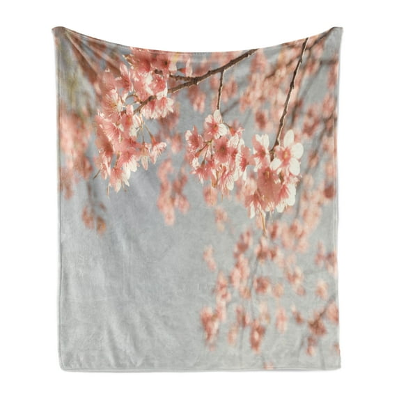 Peach Soft Flannel Fleece Blanket, Japanese Scenery Sakura Tree Cherry Blossom Nature Photography Coming of Spring, Cozy Plush for Indoor and Outdoor Use, 70" x 90", Bluegrey Coral, by Ambesonne