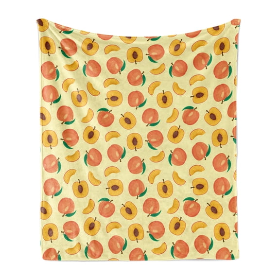 Peach Soft Flannel Fleece Blanket, Rhythmic Fresh Raw Sliced Fruits Warm Pastel Tones Illustration Print, Cozy Plush for Indoor and Outdoor Use, 50" x 60", Pale Yellow Burnt Sienna, by Ambesonne