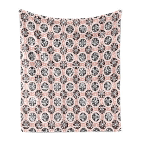 Peach Soft Flannel Fleece Blanket, Symmetrical Circular Shapes Pattern Abstract Background Soft Color Image Print, Cozy Plush for Indoor and Outdoor Use, 50" x 60", Coral Black White, by Ambesonne