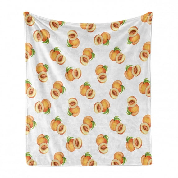 Peach Soft Flannel Fleece Blanket, Vegetative Growth Botany Pattern Orange Drupes Freshly Picked from the Trees, Cozy Plush for Indoor and Outdoor Use, 60" x 80", Pale Orange Green, by Ambesonne