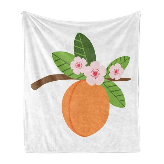 Peach Soft Flannel Fleece Throw Blanket, Cartoon of a Single Fruit with Blush Toned Spring Flowers on a Branch, Cozy Plush for Indoor and Outdoor Use, 70" x 90", Apricot Olive Green, by Ambesonne