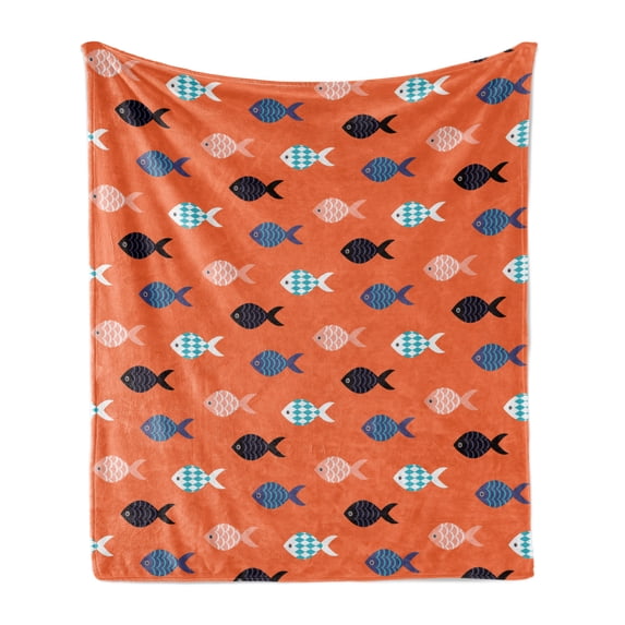 Peach Soft Flannel Fleece Throw Blanket, Fishes Motif Nautical Marine Sea Underwater Creature Animal Aquarium, Cozy Plush for Indoor and Outdoor Use, 50" x 60", Persian Blue Salmon Teal, by Ambesonne