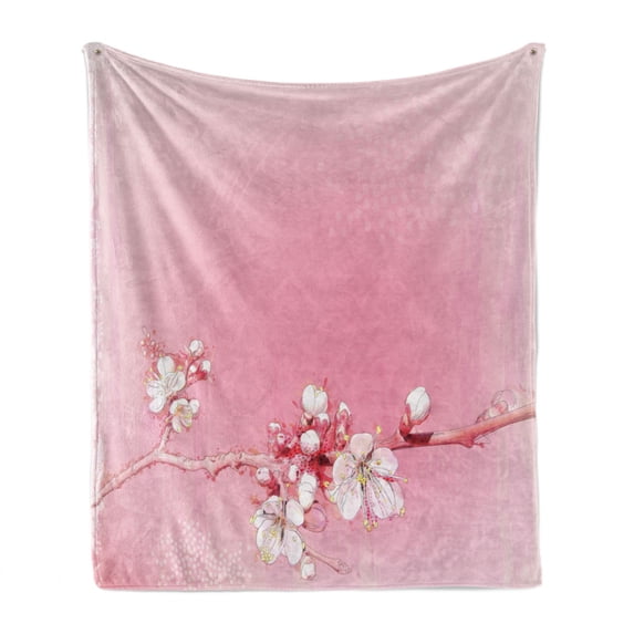 Peach Soft Flannel Fleece Throw Blanket, Japanese Inspired Cherry Blossom Branch Sakura Flowers in Soft Colored Spring Time, Cozy Plush for Indoor and Outdoor Use, 70" x 90", Pink White, by Ambesonne