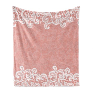 Peach Soft Flannel Fleece Throw Blanket, Lace Design on Soft Colored Background Ornamental Pattern Wedding Inspired Image, Cozy Plush for Indoor and Outdoor Use, 70" x 90", Coral White, by Ambesonne