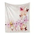 thumbnail image 1 of Peach Soft Flannel Fleece Throw Blanket, Spring Flower Arrangement with Little Butterflies Wildflowers on Branch, Cozy Plush for Indoor and Outdoor Use, 60" x 80", Multicolor, by Ambesonne, 1 of 5