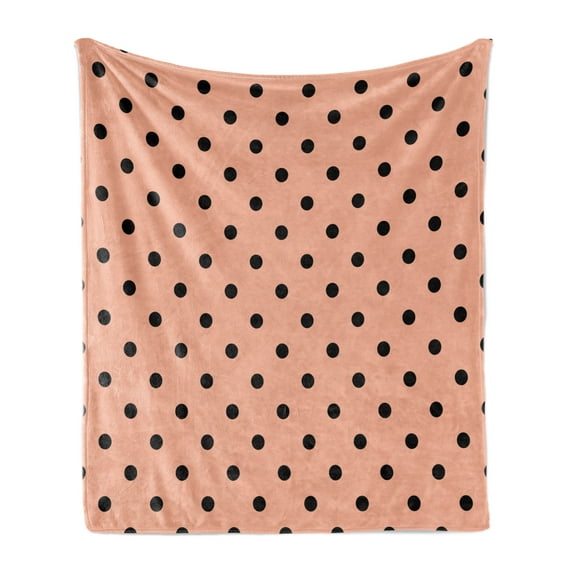 Peach Soft Flannel Fleece Throw Blanket, Traditional Black Polka Dots on Soft Colored Background Abstract European Design, Cozy Plush for Indoor and Outdoor Use, 50" x 60", Peach Black, by Ambesonne