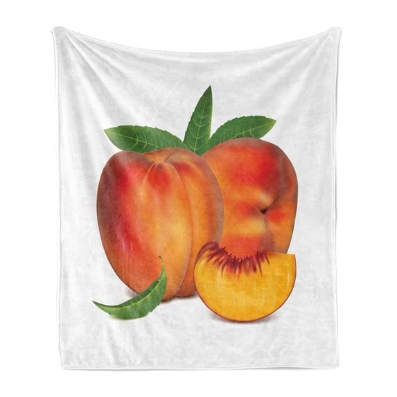 Peach Soft Flannel Fleece Throw Blanket, Vivid Juicy Fruit for Vegetarian Diet Slice of a Healthy Vitamin Rich Snack, Cozy Plush for Indoor and Outdoor Use, 50" x 60", Vermilion Green, by Ambesonne