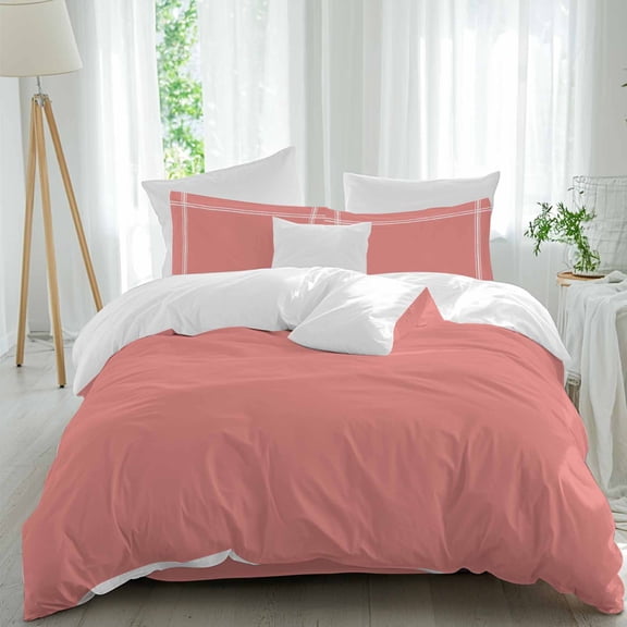 Peach Solid Duvet Cover Set Queen Size, 4 Piece Soft Microfiber Bedding Set with 1 Duvet Cover, 1 Flat Sheet, 2 Pillowcases