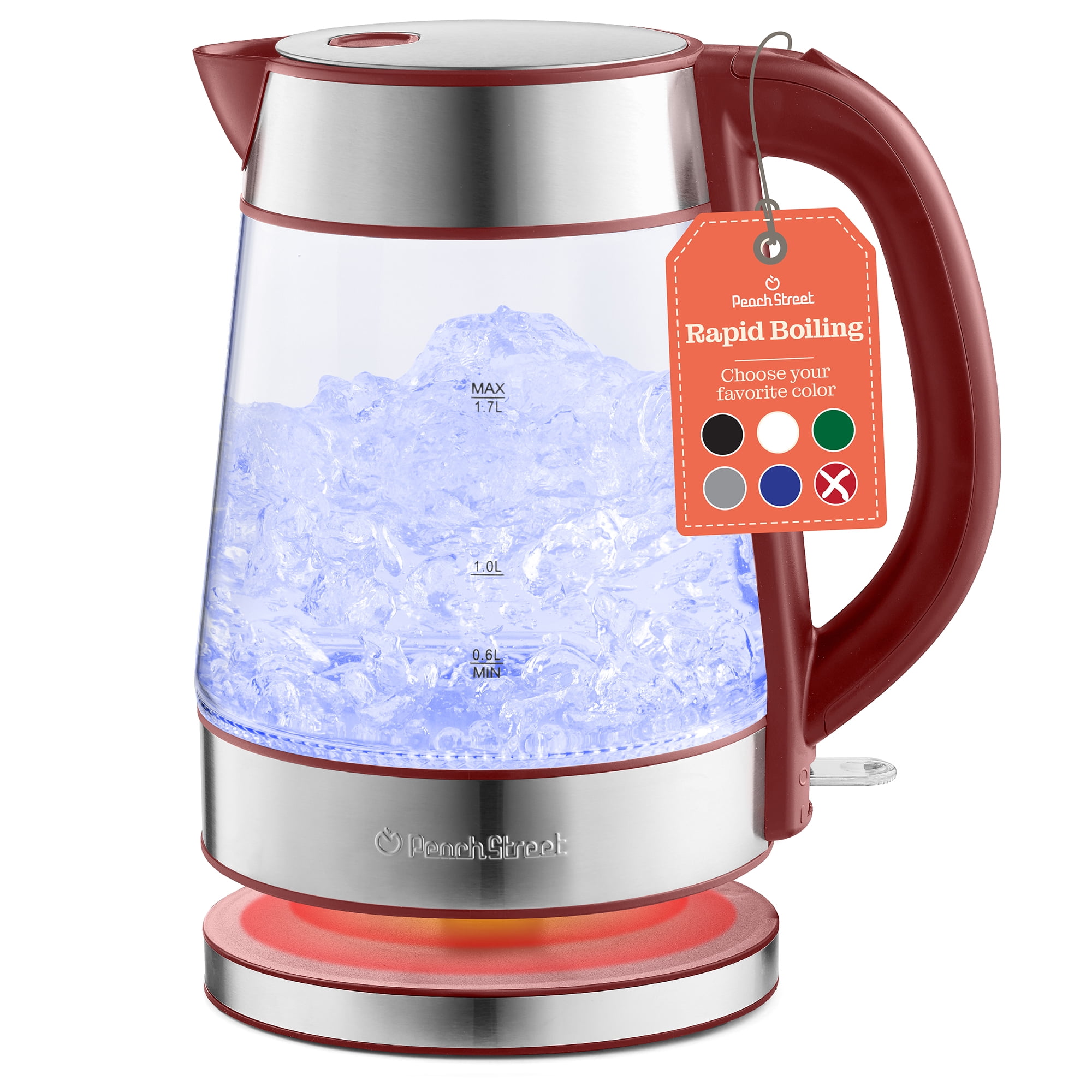 Red Borosilicate Glass Electric Kettle with LED Light, 1.7L 1500W