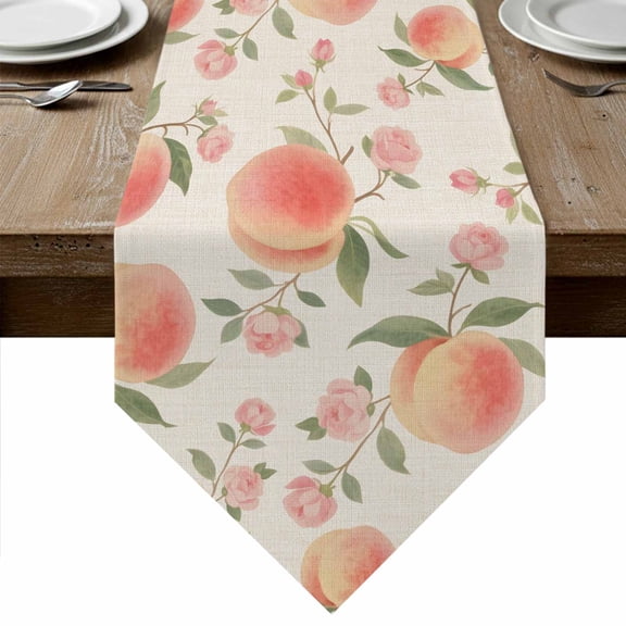 Peach Table Runner Linen Burlap Table Runner 36 Inches Small Spring Floral Green Leaf Botanical Pink Fruit Rustic Dresser Scarves for Kitchen Island Coffee Dining Room Party Holiday Decor 13"x36"