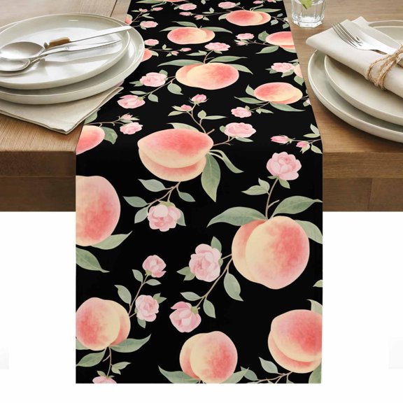 Peach Table Runner Spring Floral Green Leaf Botanical Pink Fruit Black Tablerunners 13 x 36 Inch, Table Decorations Tabletop Scarf for Summer Gathering Holiday Farmhouse Kitchen Dining Decor