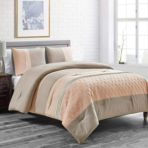 Peach/Taupe Down Alternative Comforter Set Queen Size Bedding Includes Comforter and Pillow Shams for Kids/Girls/Teens Bedroom Dorm Room- LOLA (Peach/Taupe, Queen)?