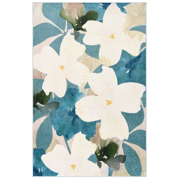 Peach Teal Floral, 5'x8' Hand Washable Flowers Art Area Rug