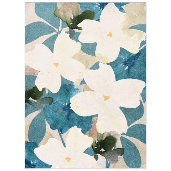 Peach Teal Floral, 8'x10' Hand Washable Flowers Art Area Rug