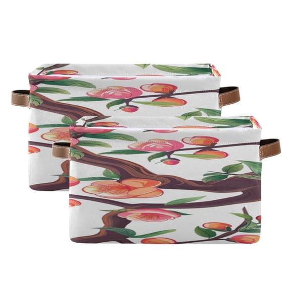 Peach Tree Blossom Cartoon Square Storage Bins with Handles Collapsible Containing Box 2 Packs