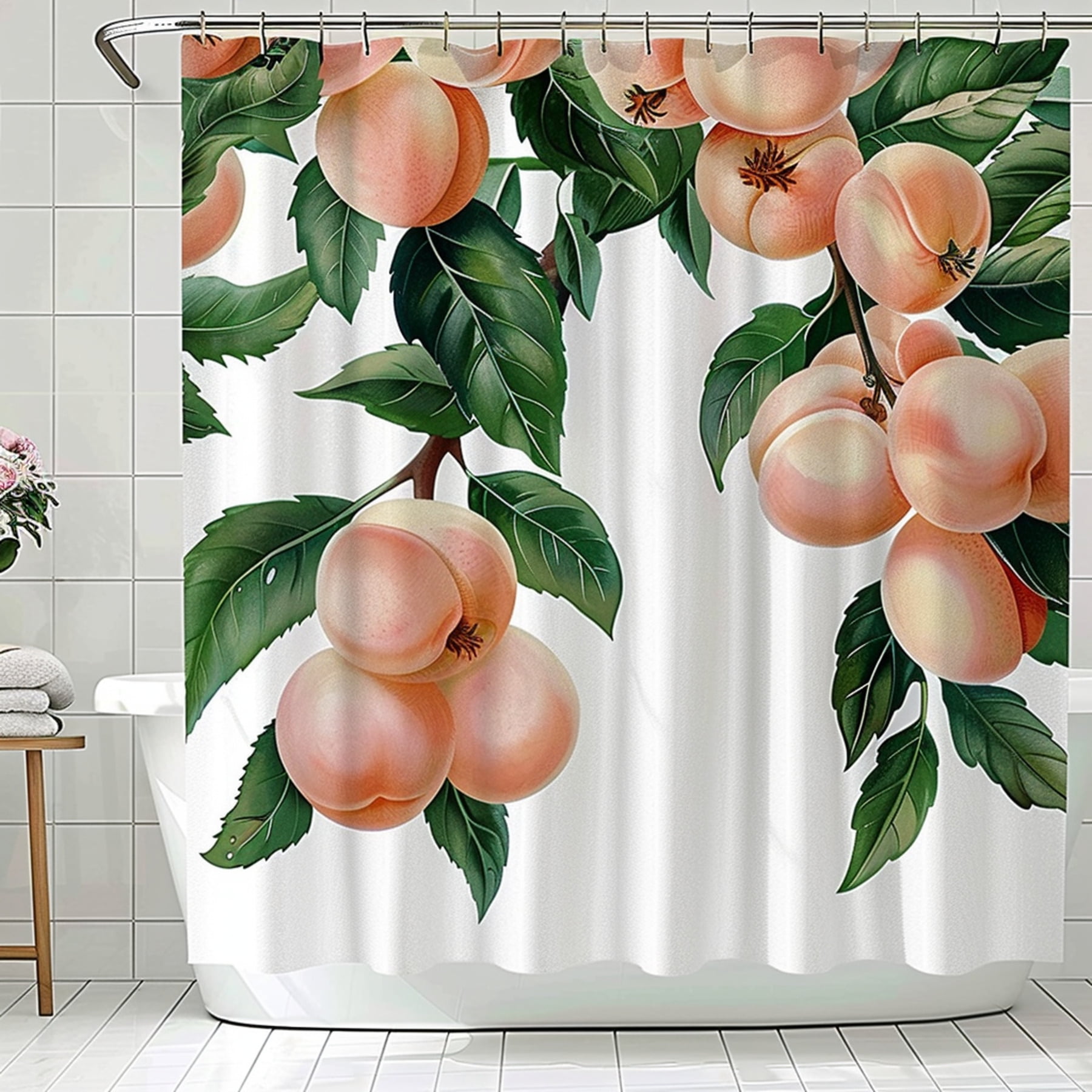 Peach Tree Shower Curtain with White Background Green Leaves and Pink