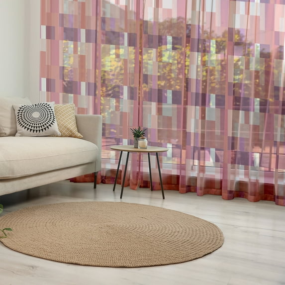 Peach Tulle Curtains with Rod Pocket, Geometrical Design Squares with Various Shapes and Sizes Colorful Image Abstract, Sheer Drape for Wedding Party 2 Panels, 7 Sizes, Purple Coral, by Ambesonne