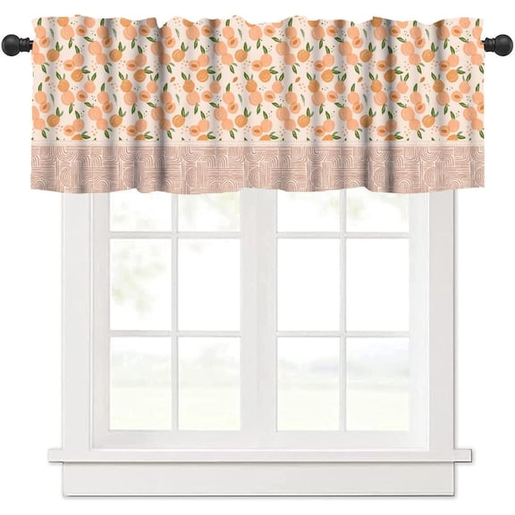Peach Valance Curtains, Retro Rustic Bohemian Fresh Pink Orange Fruit Leaves Geometry Line Seamless Pattern Home Decor Short Window Treatments Drapes for Bedroom Living Room Kitchen 54x18in x1 Panel